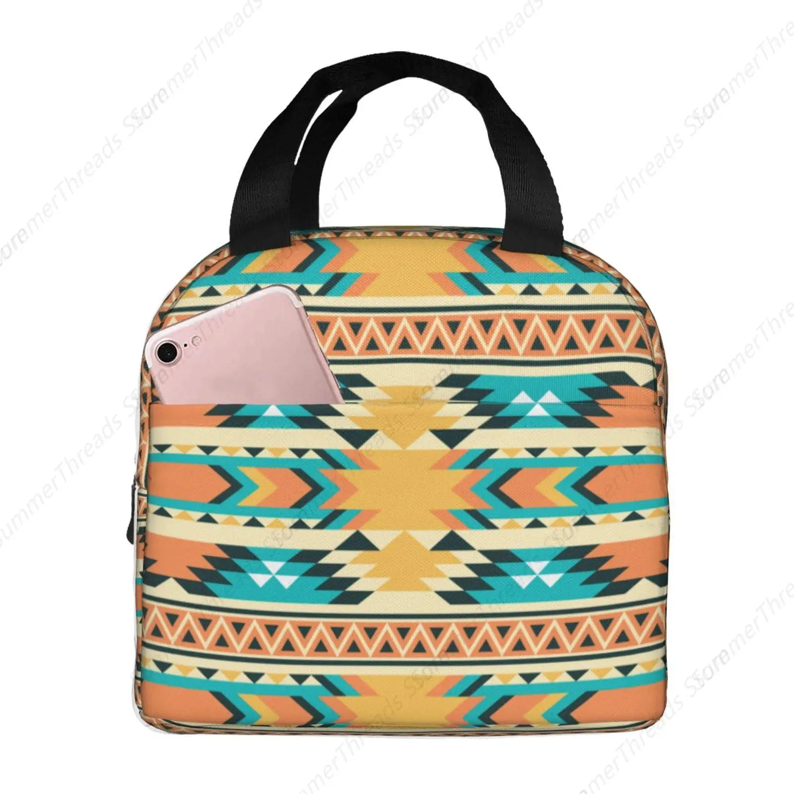 

Western Ethnic Aztec Native American Pattern Lunch Bag for Women Men Insulated Lunch Box Container with Pocket Tote Bags