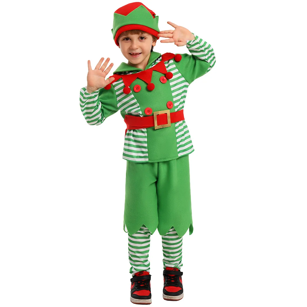 Costume de cosplay d'elfe de Noël pour enfants, chapeau de performance sur scène, tenues vertes, pantalon en Y, fête scolaire, enfants, garçons