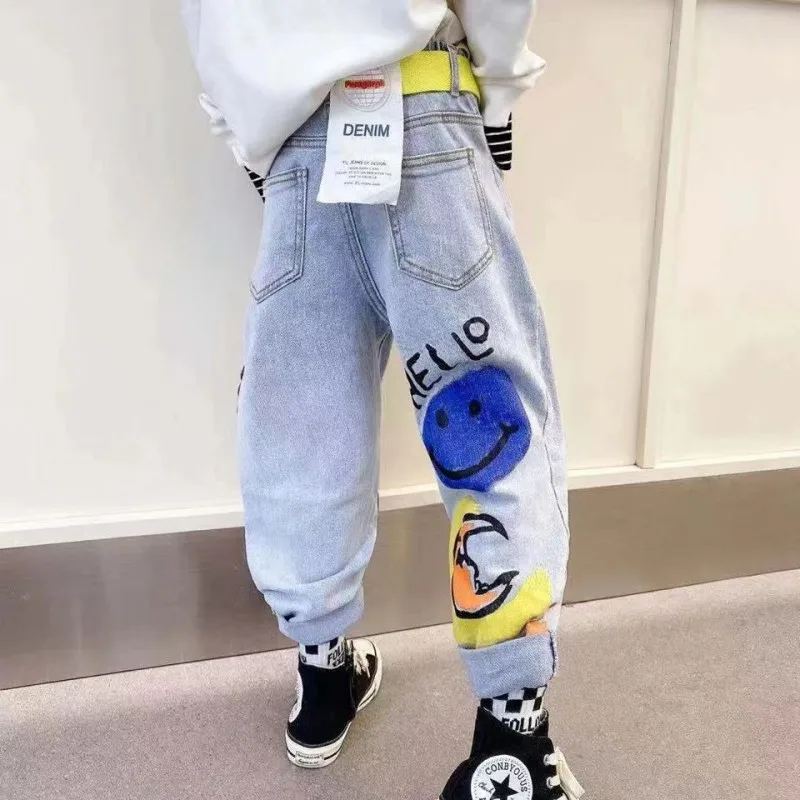 Boys Jeans Pant Spring and Autumn Boys Printed Jeans New Medium and Children\'s Loose Western Style  Boys’ Casual Pants