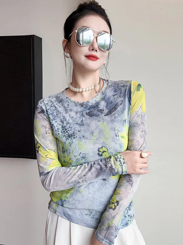 Fashionable round Neck Slimming Print Blouse Women's Mesh Top Simple Gradient Design Sensation Net Shirt Autumn Winter New Ar...