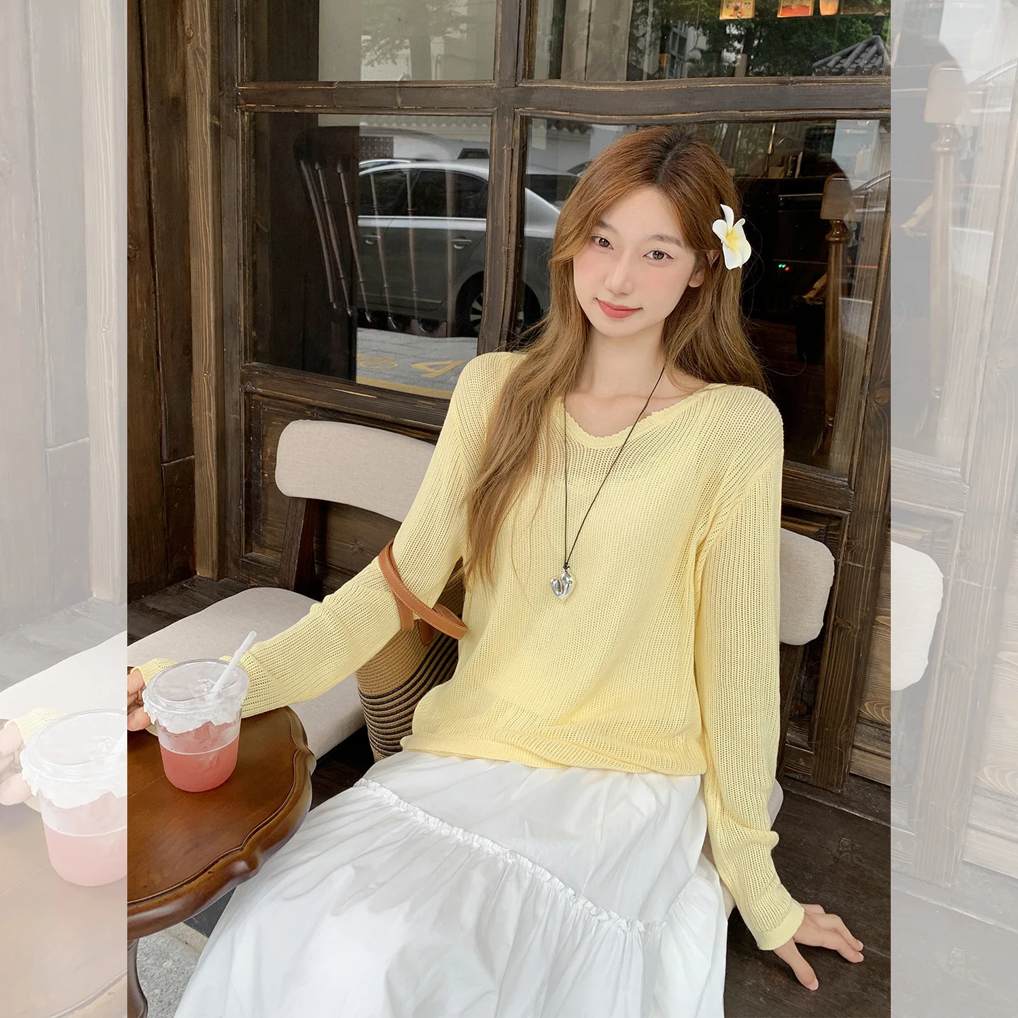 

Lazy Style Loose Casual V-Neck Knitted Long Sleeve Blouse for Women Summer New Hollow Breathable High-End T-Shirt Top