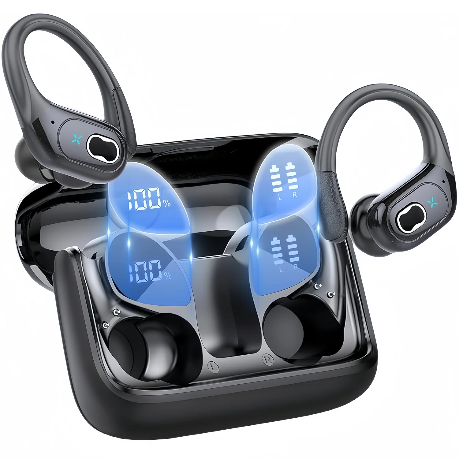 Bluetooth Headphones Wireless Earbuds 75Hrs Playback Sport Ear Buds with Earhook LED Display Charging Case IP7 Waterproof Earbud