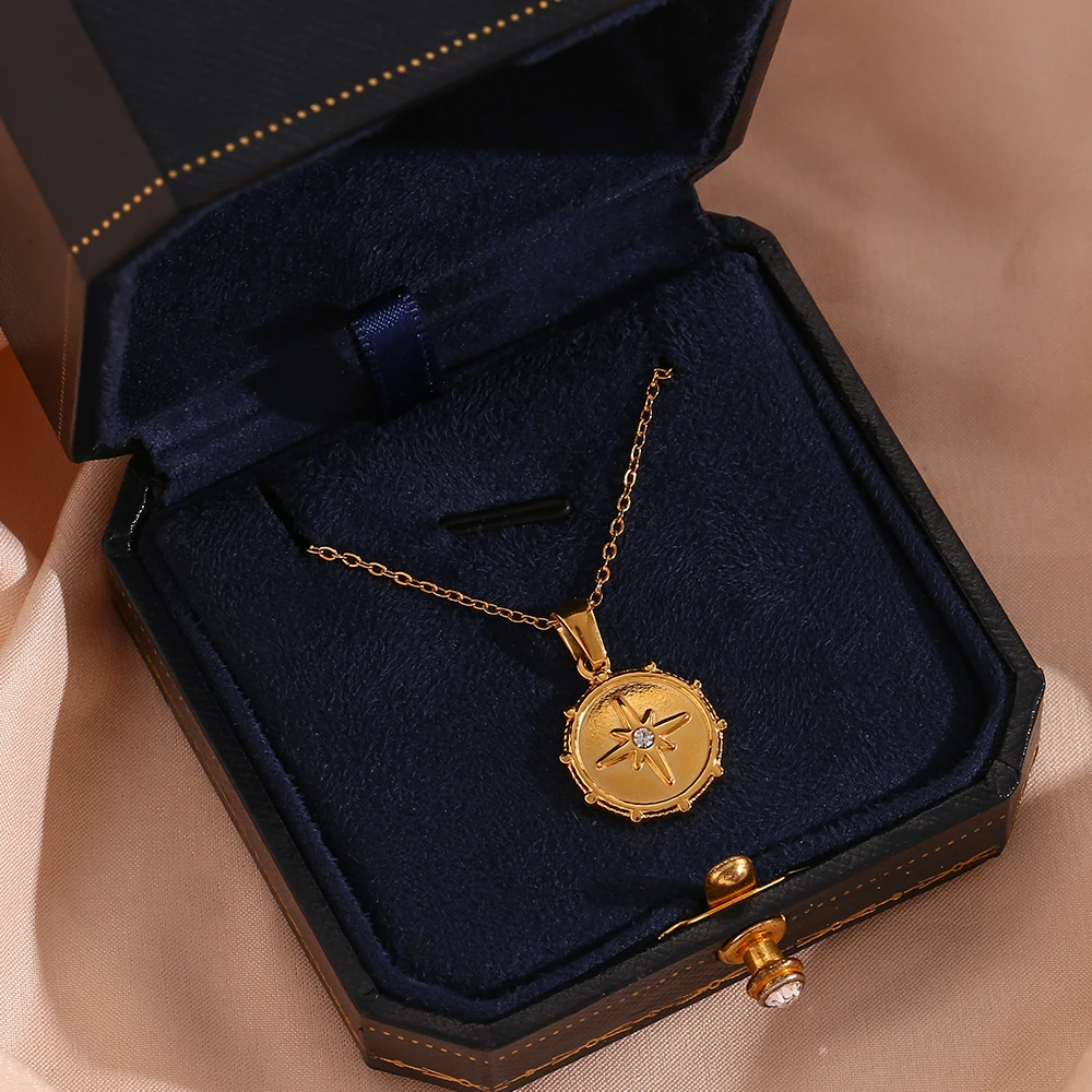 Cute Crystal Basic North Star Gold Plated Coin Necklace For Women Silver Color Stainless Steel Necklace Casual Retro Collar