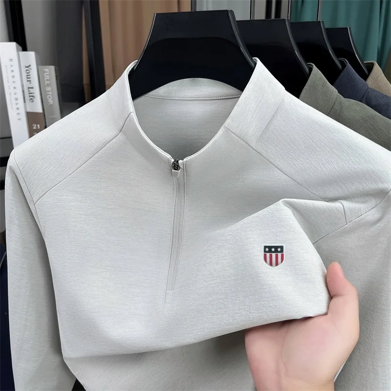 Advanced Original Men's Printed T-Shirt Autumn New Item Solid Color Half Zipper Long Sleeved Top Business Casual Men's Clothing