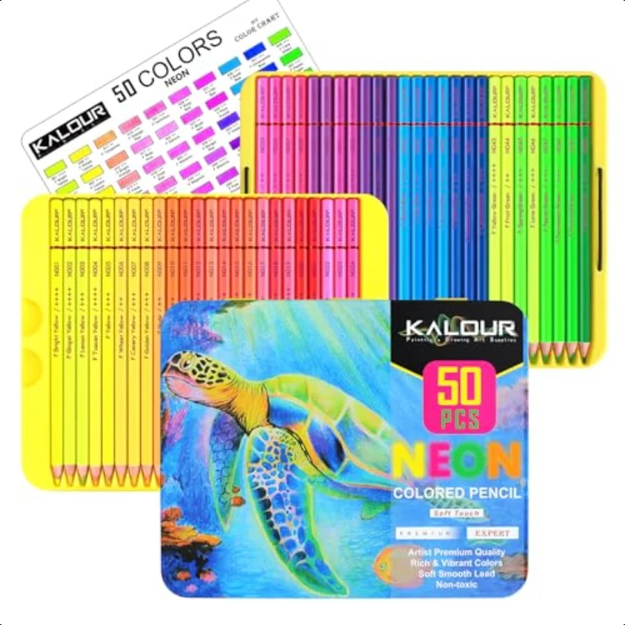 

50 Neon Colored Pencils for Adult Coloring Books Fluorescent colored Profional Drawing pencils Set Art plies Kit for Adults Beg