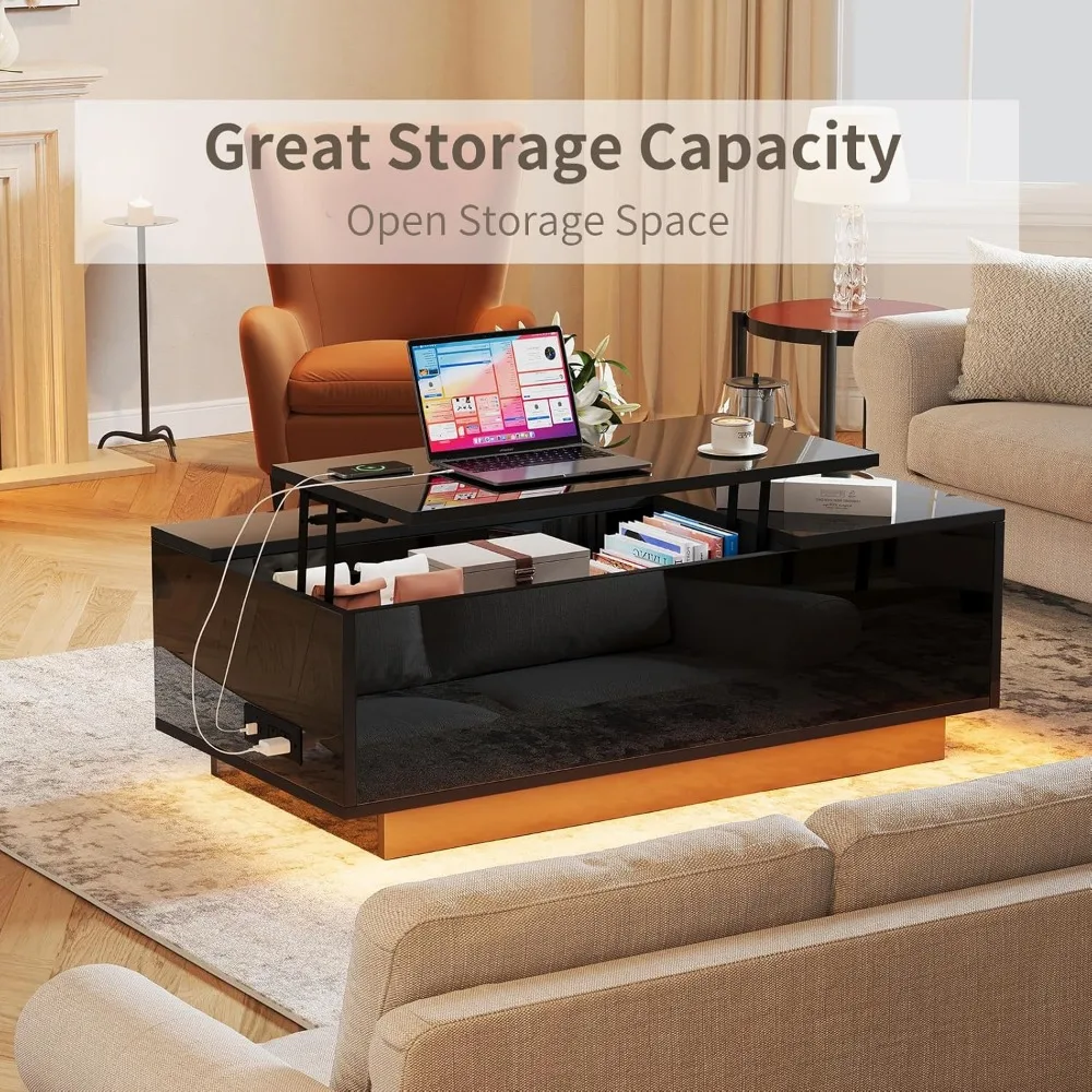 "47 Inch Contemporary LED Coffee Table with Lift Top, Sleek All-Black Design, High Gloss Finish, and Hidden Storage Drawer"
