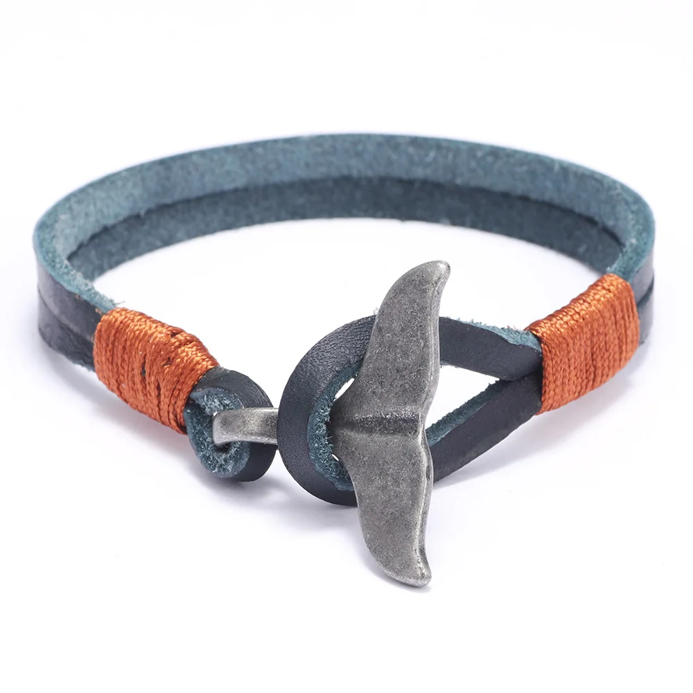 Punk Retro Whale Tail Charm Bracelet Men Cowhide Leather Bracelets Luxury Handwoven Jewelry Gift Wholesale