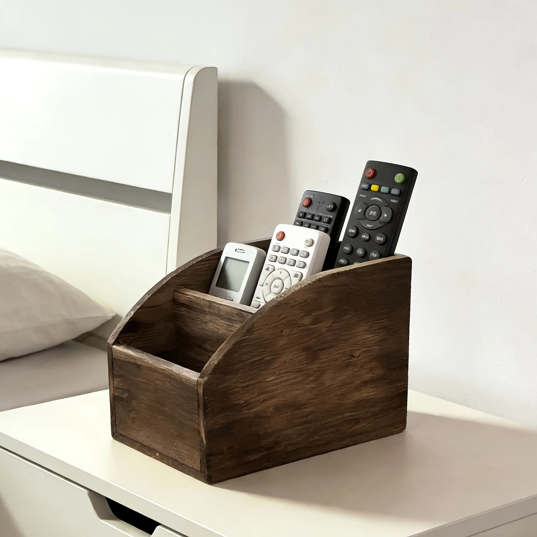 Vintage Solid Wood Remote Control Storage Box Multi Compartment Desk Organizer For Bedroom Nightstand Living Room Desktop Storag view 4