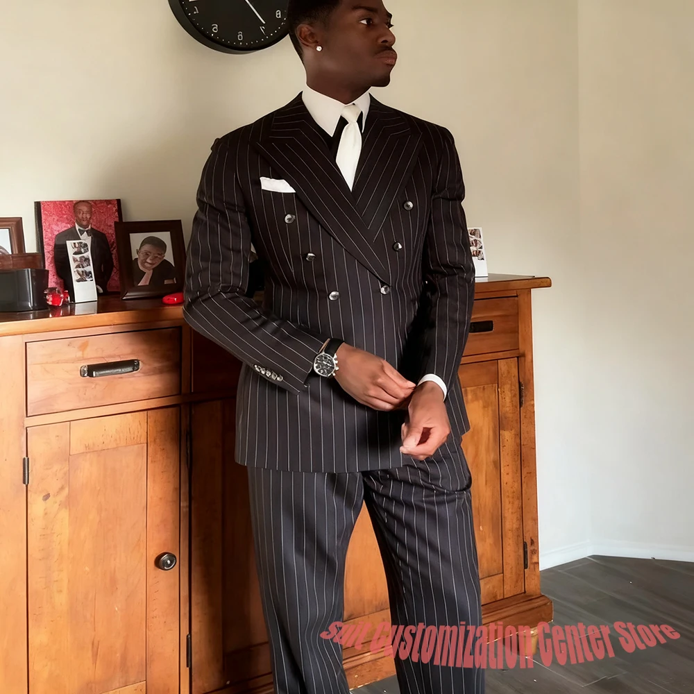 

Elegant Men's Black Pinstripe Double-Breasted Suit Set 2Piece(Jacket+Pants) Formal Business Party Wear Wedding Slim-Fit Tuxedo