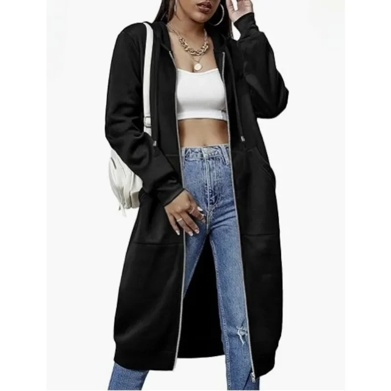 Autumn and Winter Casual Drawstring Hooded Long Sleeve Jacket Full Zip Up Womens Long Hoodies Fashion Sweatshirt with Pockets