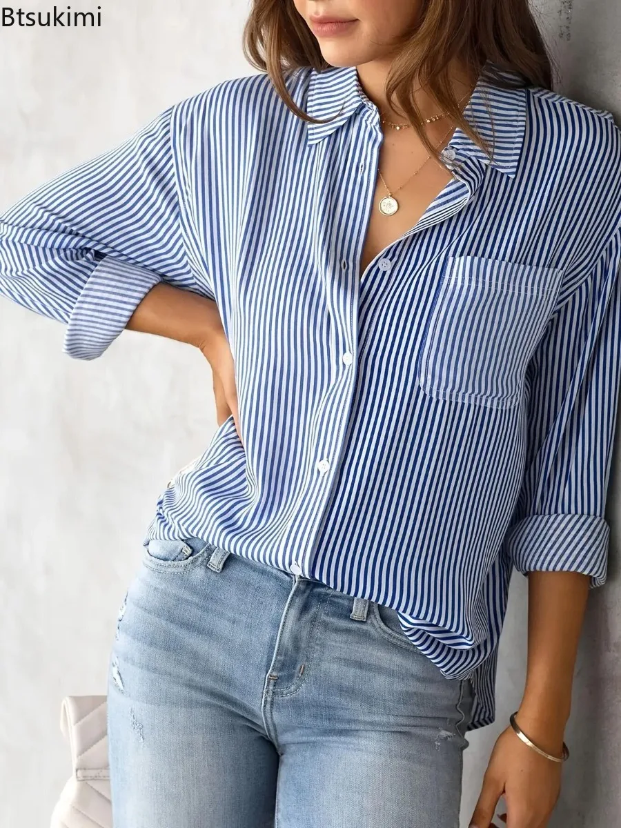 

Classic Fashion Striped Shirt Women 2025 Autumn Streetwear Vintage Long Sleeve Blouses Female Casual Loose Single-Breasted Shirt