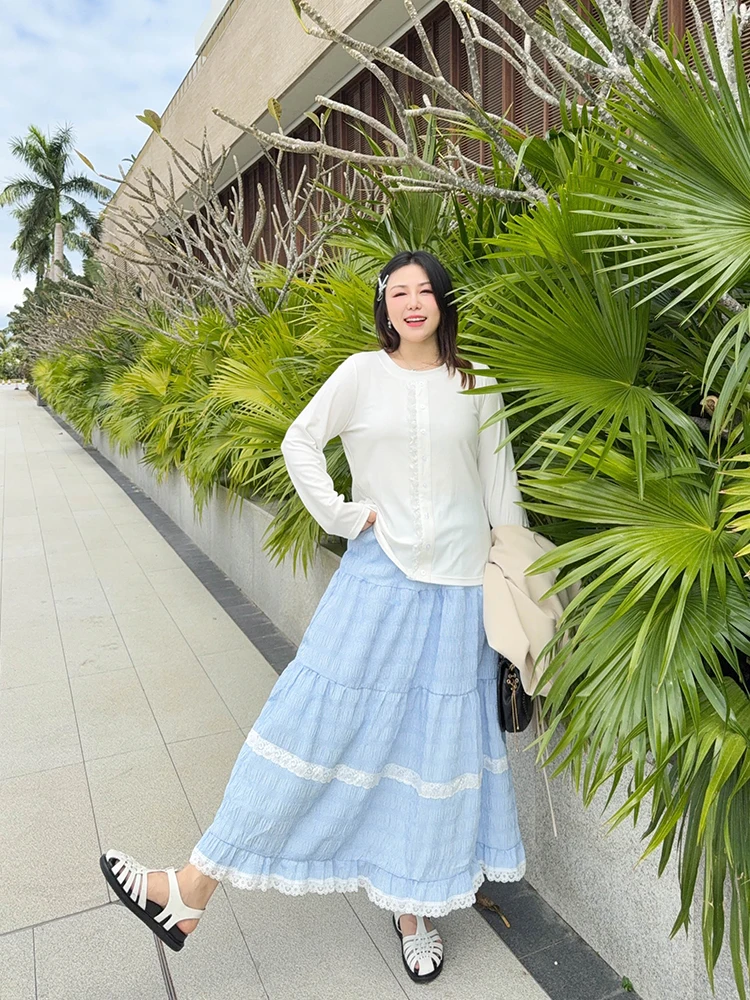 

Женская футболка VOGANA большого размера, повседневная, свободного кроя, с длинным рукавом, кружевной отделкой, вставками, утягивающая, базовая, в корейском стиле, для офиса и повседневной носки