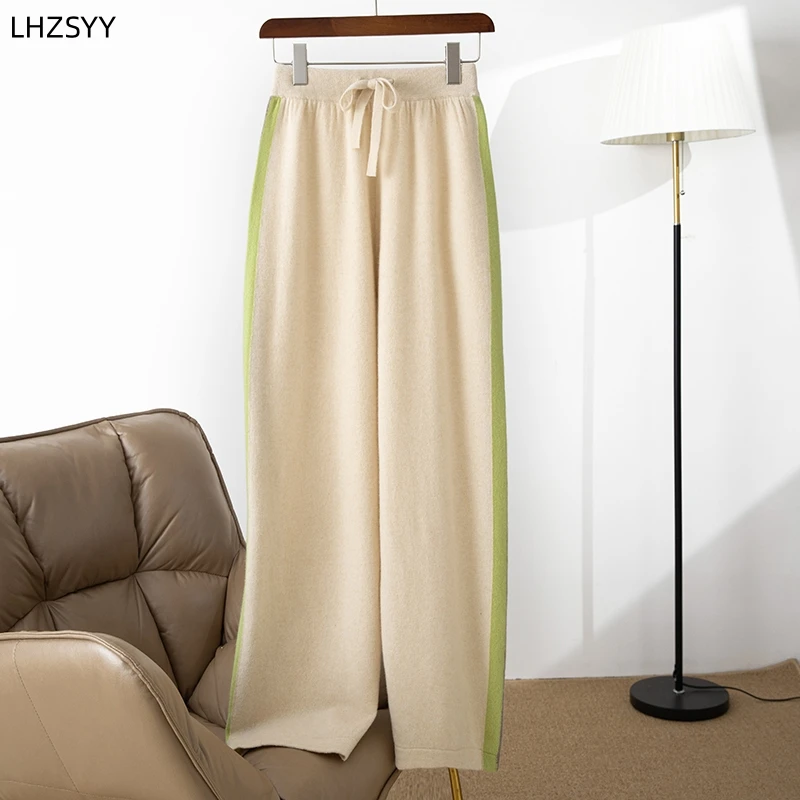 LHZSYY 100% Merino Pure Wool Wide-Leg Pants Ladies' New Elastic Waist Mopping Loose Knit Straight Trousers Warm Contrast Pants