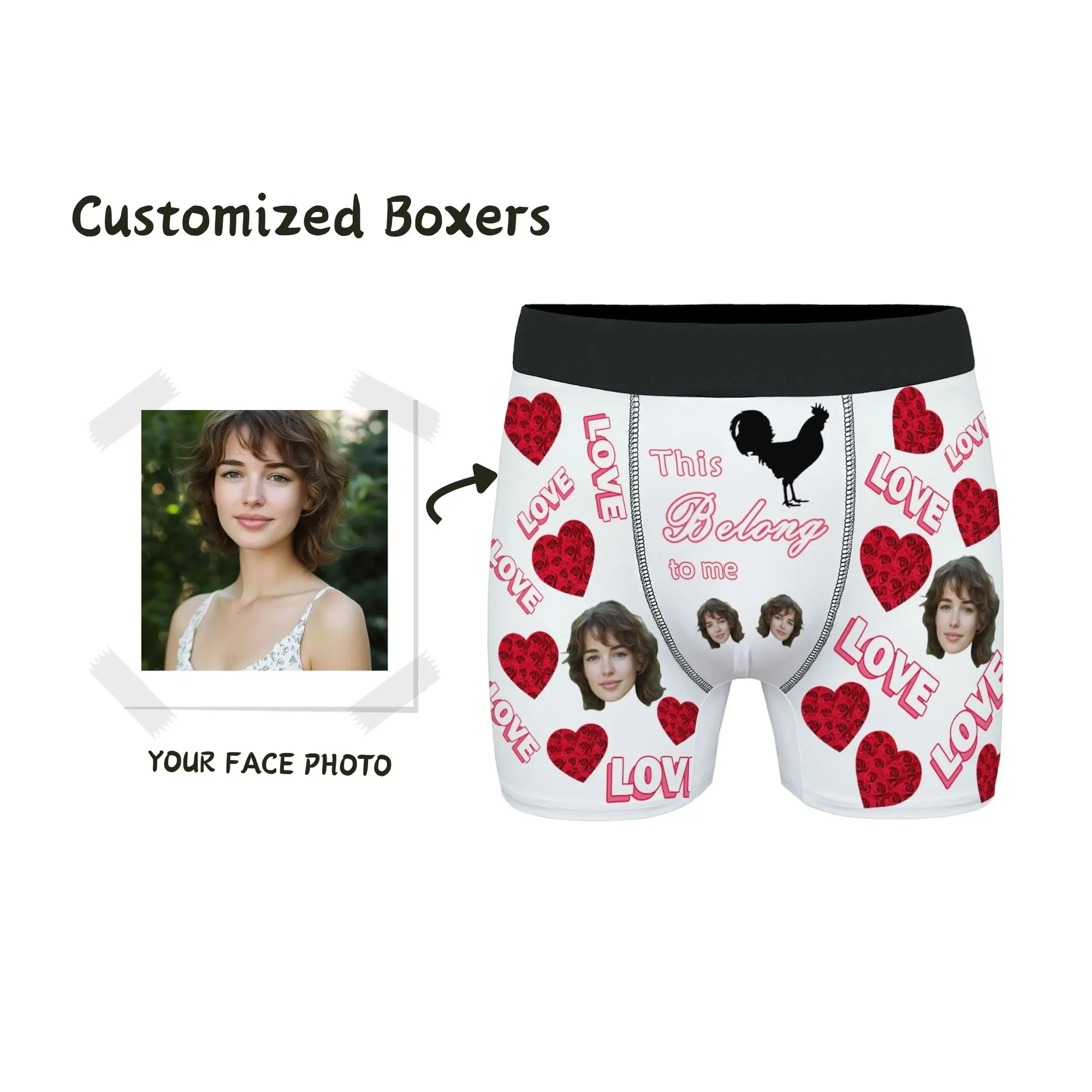 

Мужские трусы-боксеры с индивидуальным лицом, красное сердце и принт «ЛЮБОВЬ», петух и «This Belong To Me», веселый подарок на годовщину для мужа