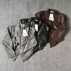 Taop&Za2024 autumn new women's clothing style slim fit simple versatile belt decoration PU imitation leather jacket