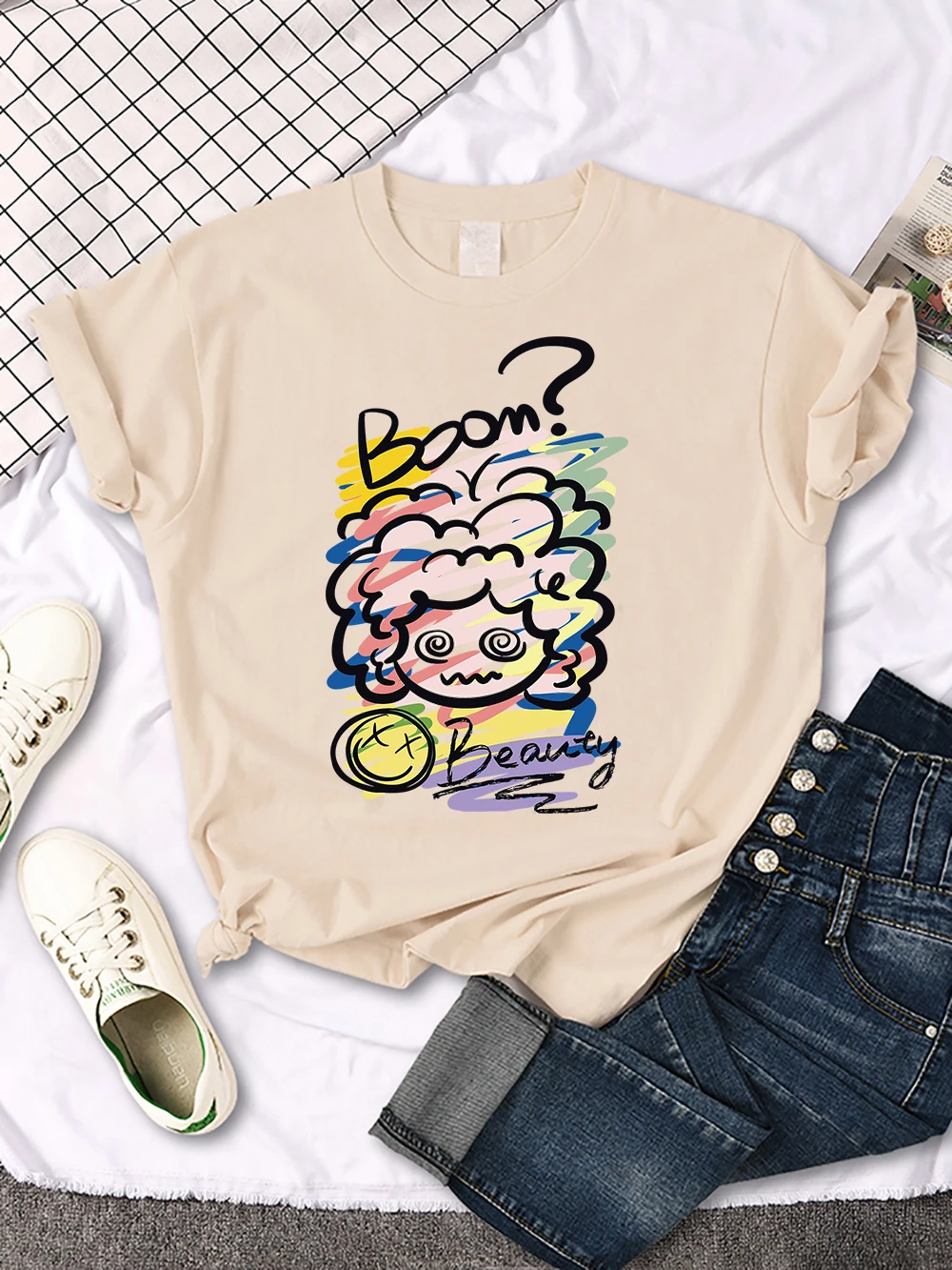 The Confused Little Sheep Print   Female T-Shirts Breathable Basics T-Shirt Casual Short Sleeve Women Comfortable Streetwear