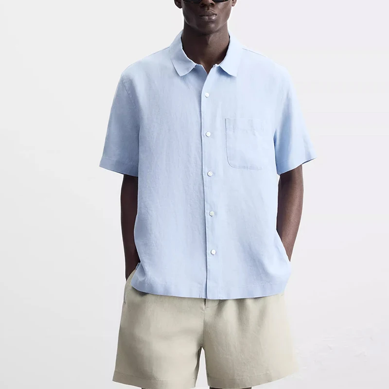 

Z Мужская модная свободная посадка ort Sve irt Льняная повседневная длина с отложным воротником, летняя тонкая рубашка стандартной длины