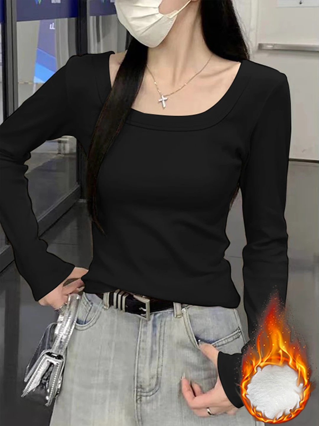 スパイシーガール スレ ロングスベ スクエアカラー ベースレイヤー ベルベット T-irt レディース 秋冬 非対称トップ 通勤 カジュアル