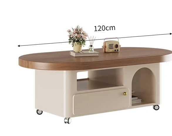 Mid-Century Cream-Style Solid Wood Coffee Table For Living Room, Compact, High-Grade Oval Shape, With Wheels For Movability