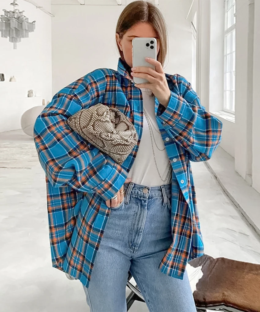 

Autumn Female Office Fashion Shirt Tops For Woman 2024 Summer Women Oversized Plaid Shirt Vintage Long Sleeve Loose Fit Blouse