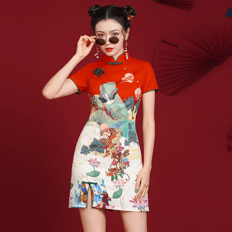 

Платье Ципао с цветочным принтом, китайская новогодняя одежда, женское красное платье Cheongsam, современное восточное элегантное вечернее платье, платья для девочек