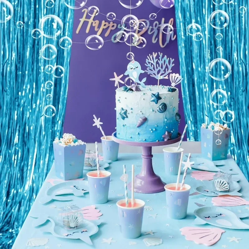 Under The Sea Party Backdrops Decorations Pool Ocean Blue Tinsel Foil Fringe Curtain Hanging Bubble Garland Birthday Party Decor