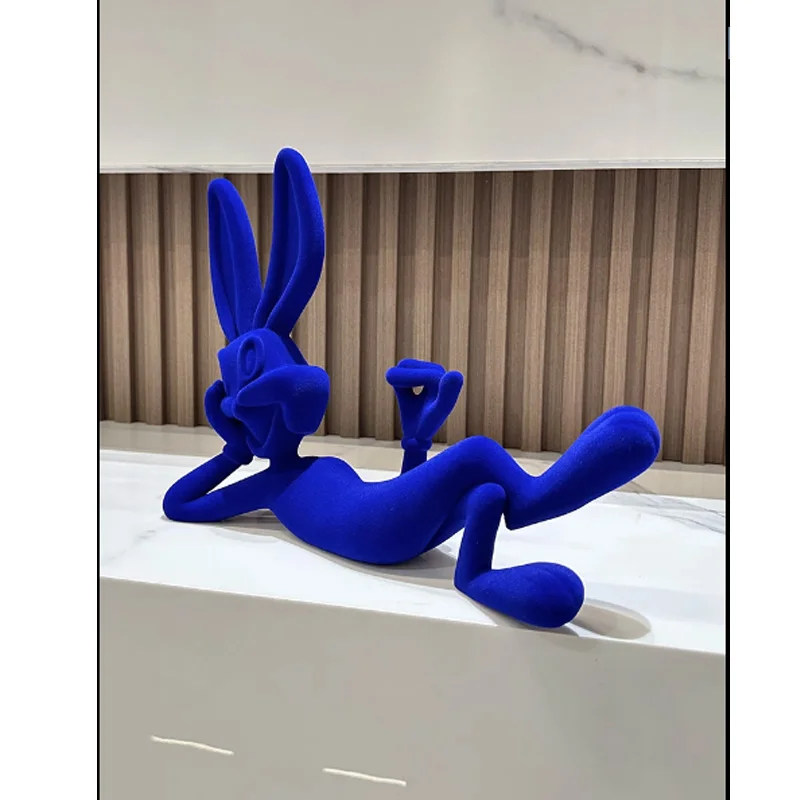 Modern Simple Klein Blue Cartoon Rabbit Resin Ornaments Lying Pose, Living Room Desk Statue Home Decoration