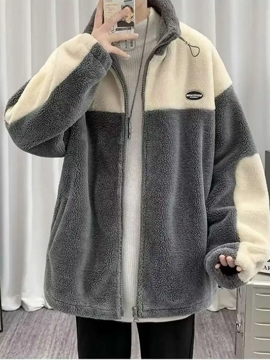 

Lamb Velvet Jaet Men's Winter Thiened Warm Cotton Coat Trendy Loose Stand Collar Couple Cotton Clothes Zipper Closure Lon...