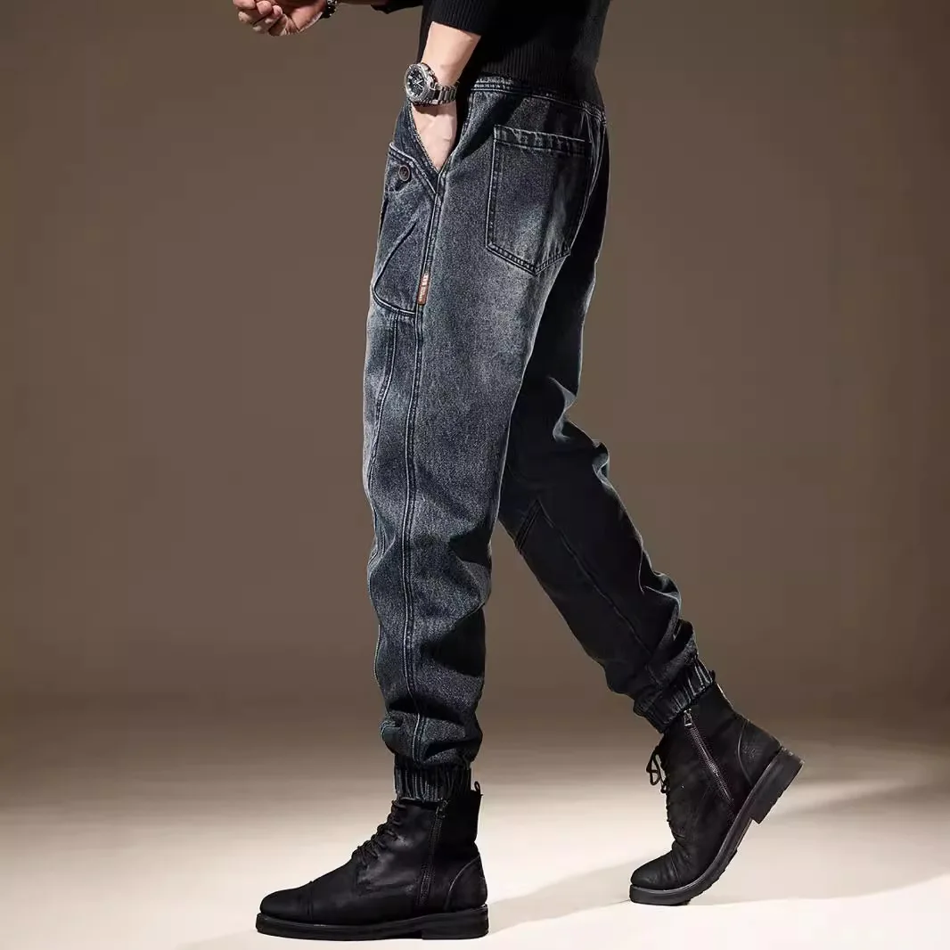 High Quality American Vintage New Fashion Men Solid Color Loose Simple Basic Casual Daily Harem Denim Trousers Male Jeans Pants