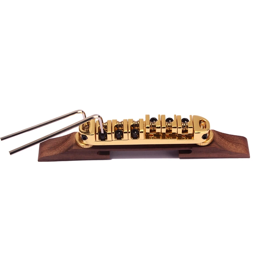 Gold Roller Saddle Bridge Wood Base for Jazz Guitar Chrome Plated Jazz Guitar Bridge Tailpiece with Gold Roller Saddle