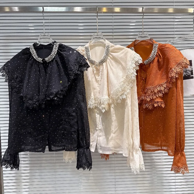 

2026 Spring New Luxury Socialite Rhinestone Collar Trim Chiffon Blouse Fashion Sweet Women's Elegant Long Sleeve Shirt Top