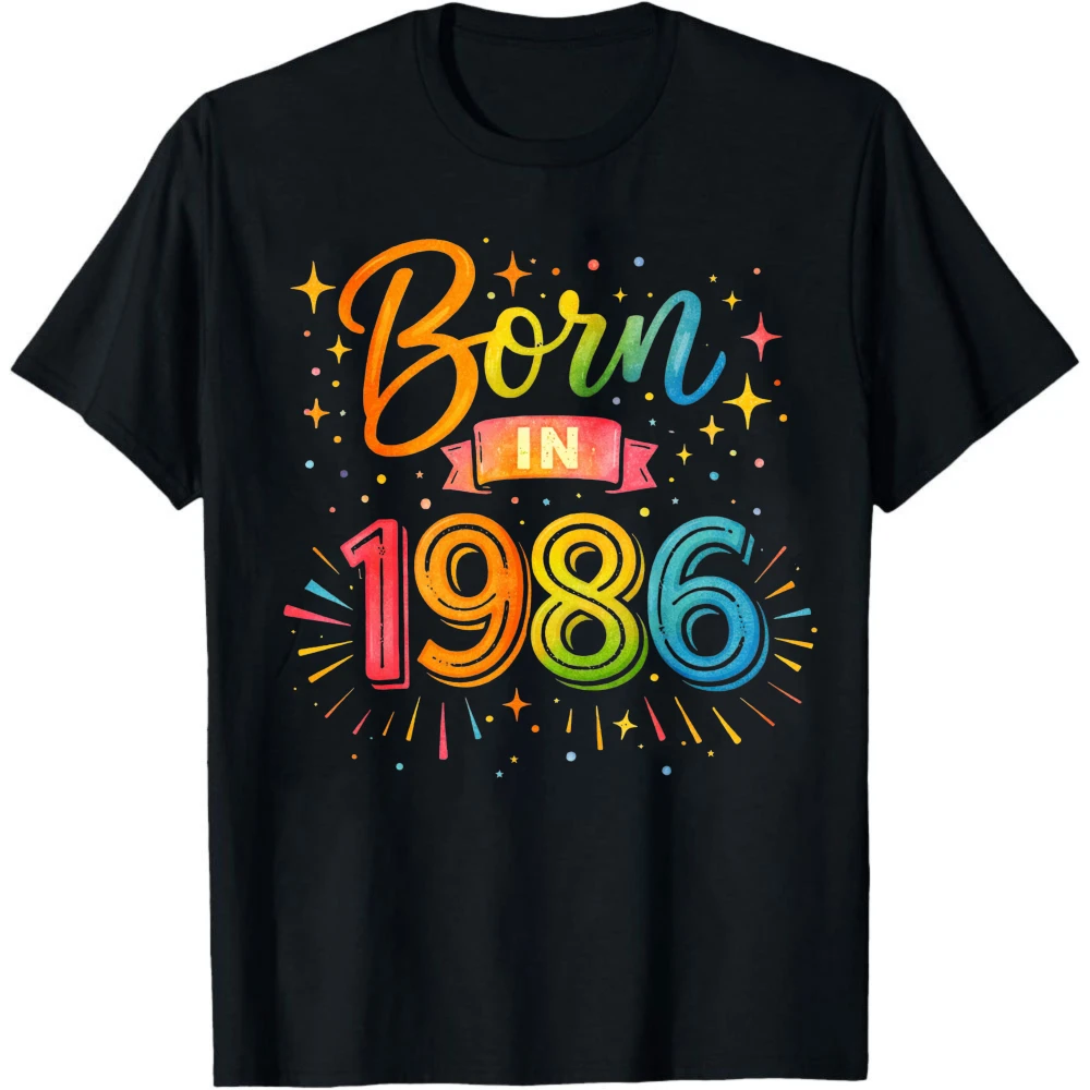 Camiseta de verano con diseño de texto arcoíris para hombre, estilo vintage, regalo de celebración de cumpleaños para él, ropa de fiesta de los años 30 y 40, nacido en 1986