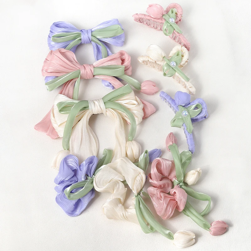 Fresh and Sweet Tulip Hair Accessories Set Large Intestine Hair Tie&hair Clip&hair Claw Girls Temperament Headwear for Summer