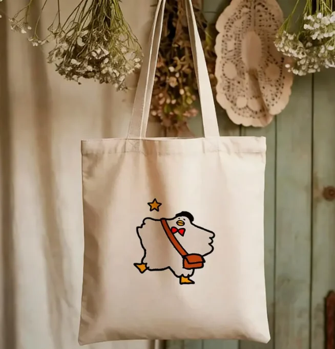 Cute Cartoon Duck Canvas Tote Bag Going To Work Handbag Funny Animal Lover Gift Reusable Grocery Handbag Forwomen Men White