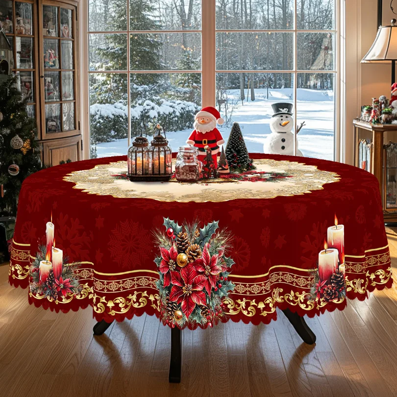 1Pc Vintage Burgundy Christmas Tablecloth with Bell Poinsettia Flower Patterns, Christmas Decor 2025, Christmas Party Decoration