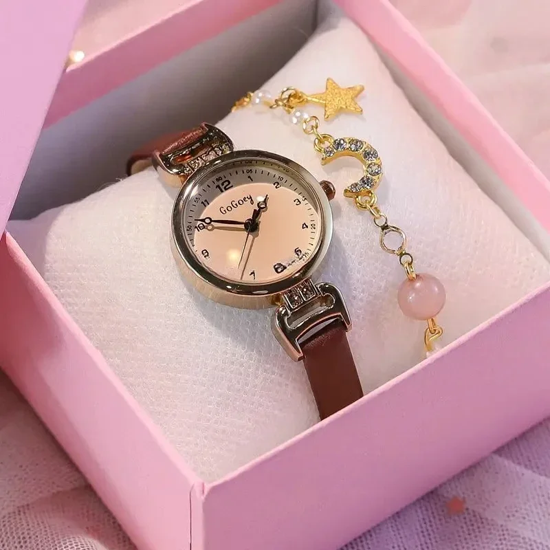 女性のためのレトロなハイエンドラウンドダイヤルクォーツ時計、puレザーストラップ腕時計、シンプルで魅力的な時計、女の子へのギフト