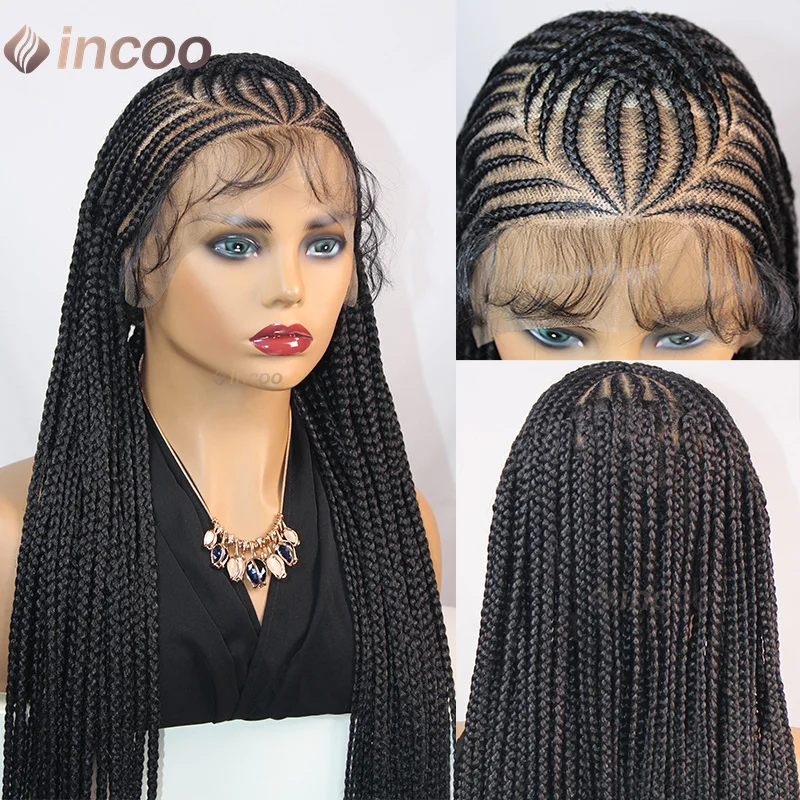 

36" Full Lace Synthetic Afro Cornrow Braided Wigs for Black Women Knotless Box Braids Wig With Baby Hair Handmade Braiding Wig