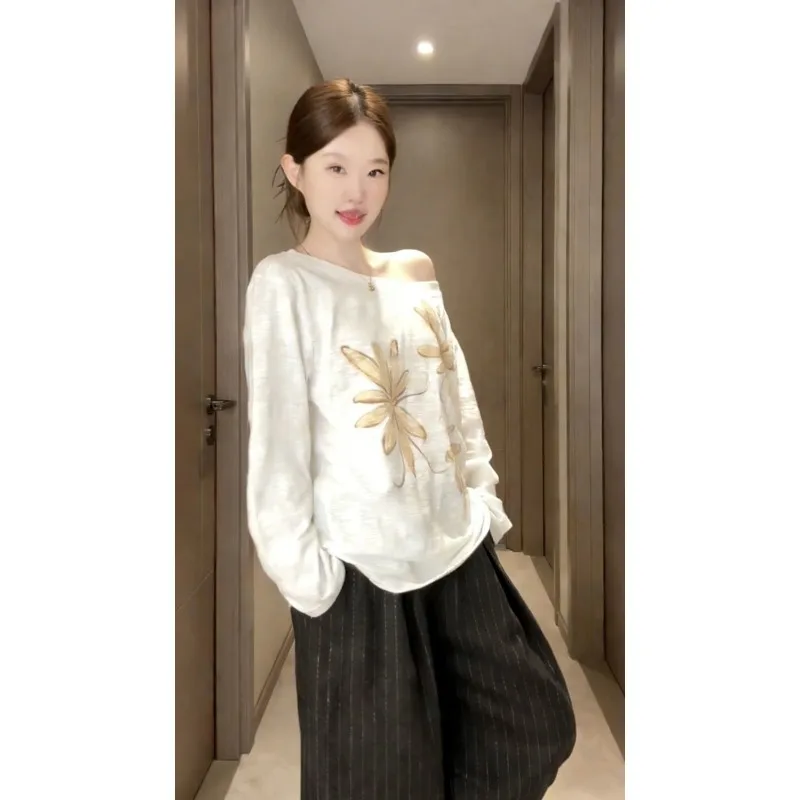 Women Clothing Spring Fashion Korean Printing Solid Color Diagonal Collar Female Fashionable All-match Loose Appear Thin Top Tee