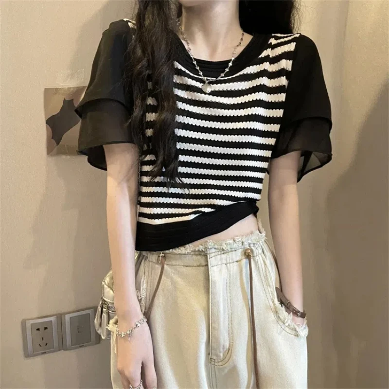 Ruffles Patchwork Knitting Short T Shirts Summer New Short Sleeve Striped Loose Vintage Tops Tees Sweet Fashion Women Clothing