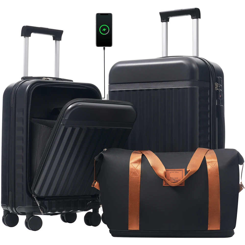

3PCS Front Opening Hardside Luggage Set Expandable Carry on Suitcase USB Port TSA Lock Spinner Wheels & Handle Bag
