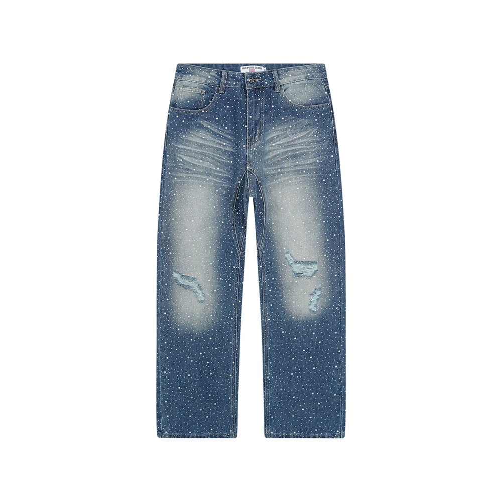 Vintage glanzende strass gewassen gat noodlijdende baggy jeans broek voor mannen rechte casual losse gescheurde denim broek