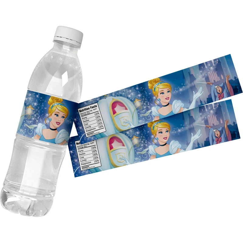 6pcs Disney Princess Cinderella Water Bottle Stickers Mineral Water Stickers Children's Birthday Party Decorations Stickers