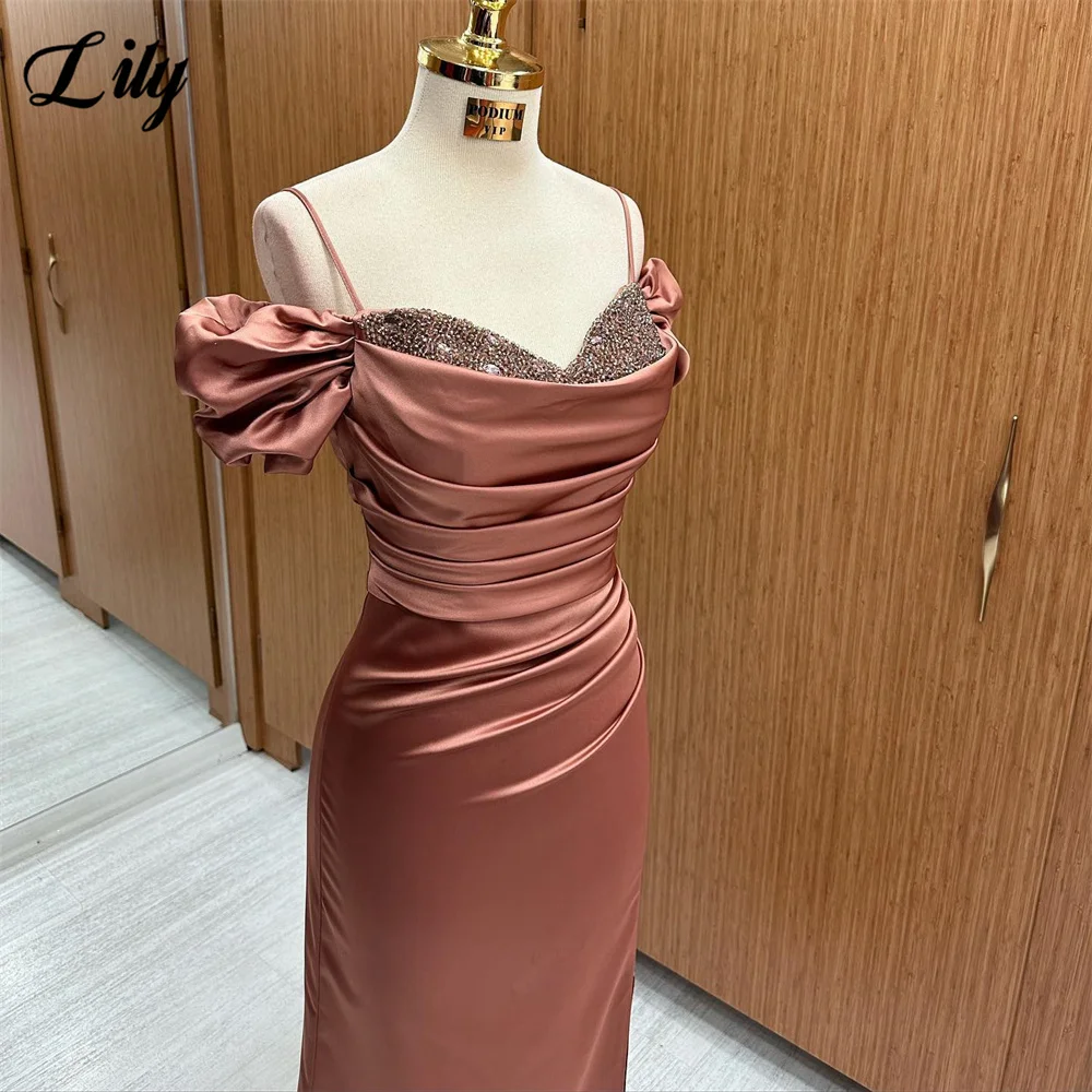 Lily Spaghetti Strap Satin Prom Dresses Off The Shoulder Evening Dresses With Beading Sweetheart Party Dress Side Slit 프롬드레스