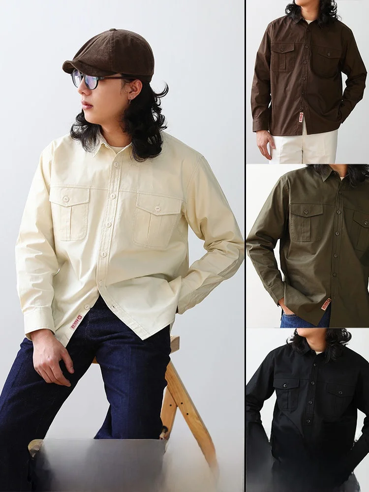 

MBBCAR Slim Fit Heavyweight Pure Cotton irt American Retro High End Workwear Long Sve Color Men's irt