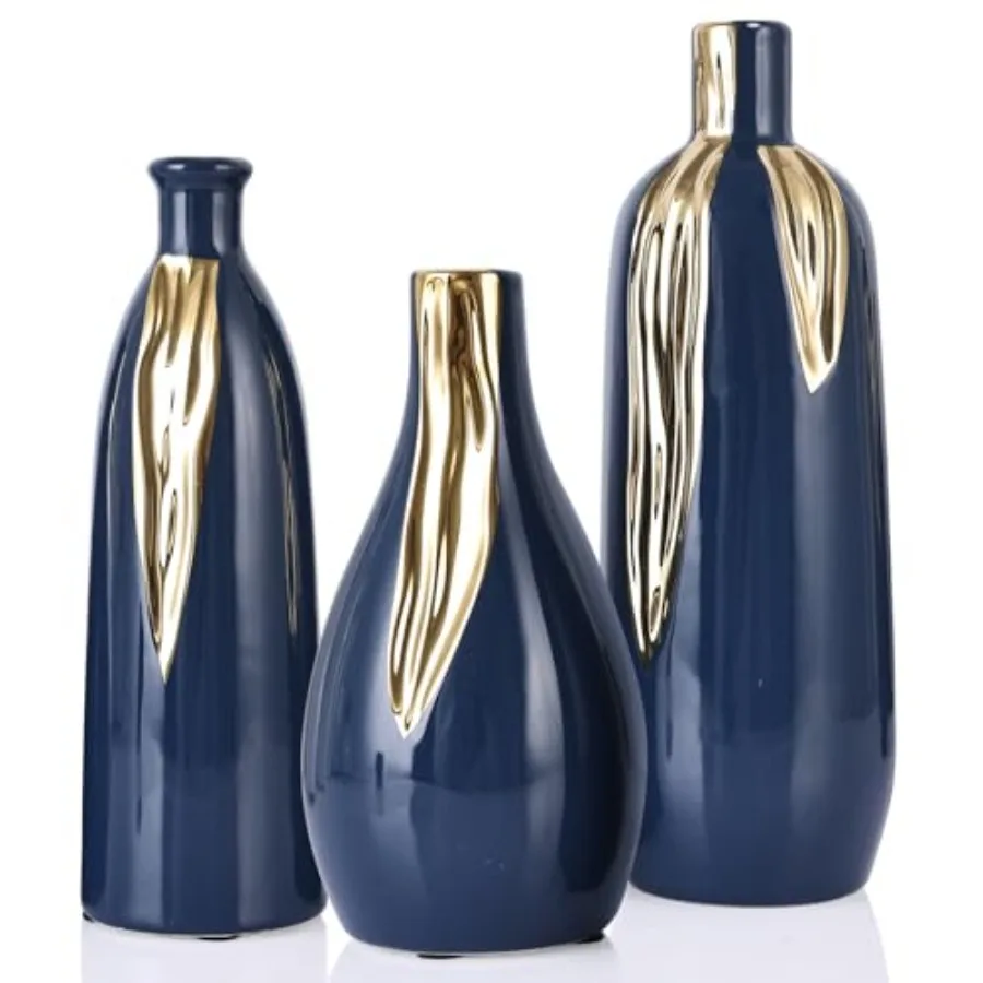 

Ceramic Vase Set of 3, Blue and Gold Vases for Home Decor Farmhouse Vases, Mantels, Shelves and Entryways, Table Centerpieces,