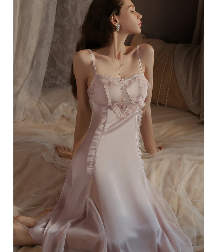 Mesh Strap Nightdress Women Sexy Nightgown Dress Summer New Ice Silk Sleepwear Long Gown Bathrobe Intimate Homewear