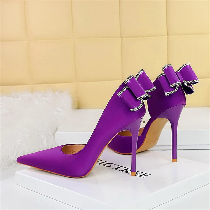 BIGTREE Sexy Fashion Party Pumps Wedding Elegant Women\'s Heels Shallow Mouth Pointed Side Rhinestone Butterfly-Knot Single Shoes