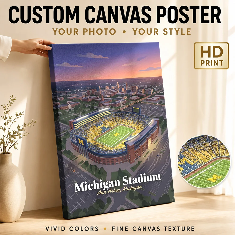 Michigan Football Stadium Wood Framed Canvas Poster Customized Photo Natural Color Detail Wall Art For Man Cave Sports Fan Gift