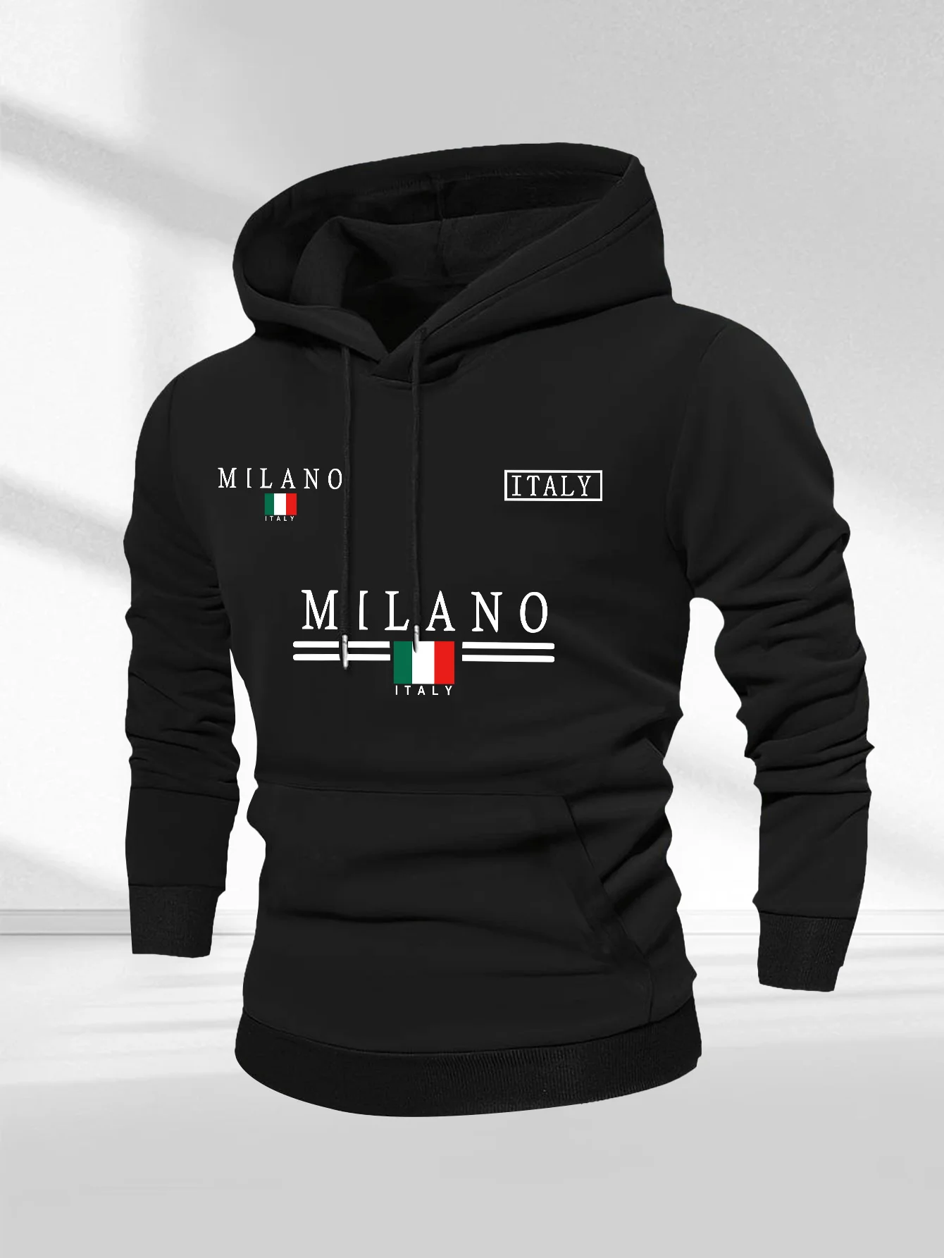 Sudadera con Capucha para Hombre con Estampado de Letras de Milán, Diseño Gráfico Simple, Manga Larga, Corte Regular, Estilo Casual