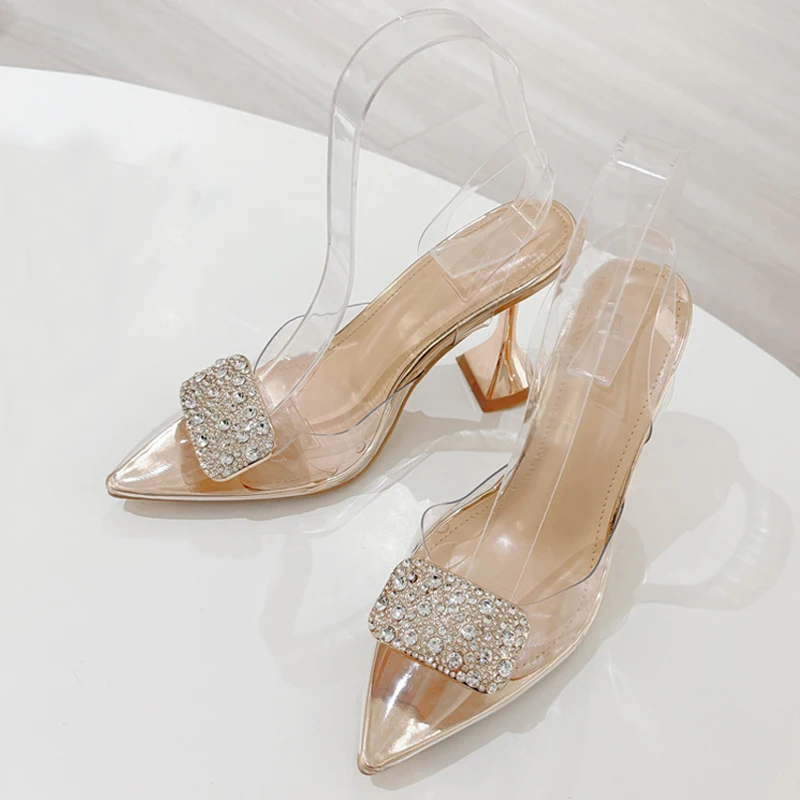 

Liyke Summer Fashion Crystal Rhinestone Buckle Women Pumps Sexy Pointed Toe Slingback High Heels Wedding Prom Shoe Ladies Sandal